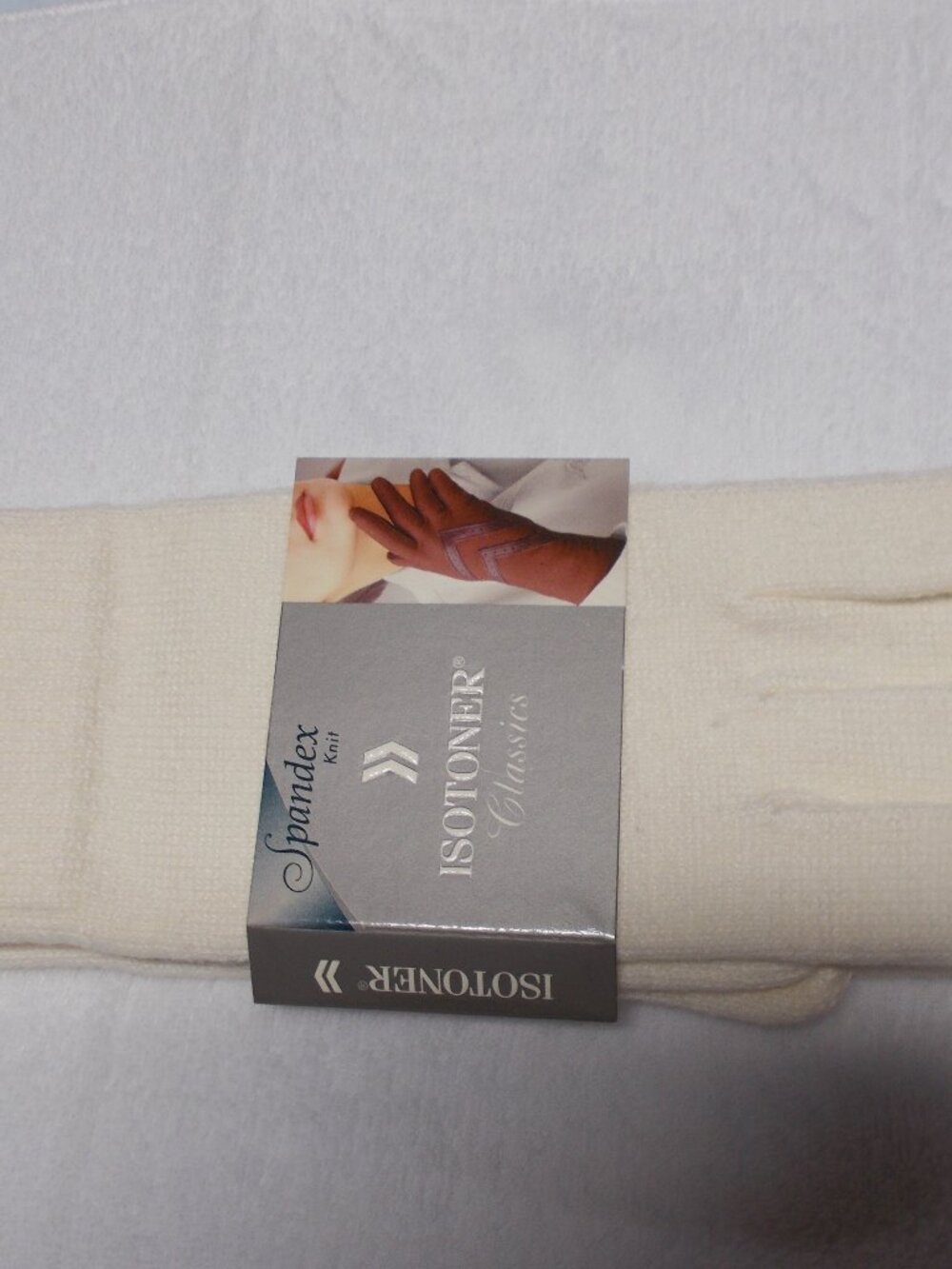 NWT Vtg Isotoner Classics Winter White gloves with brown/tan palm, one size - Picture 4 of 4